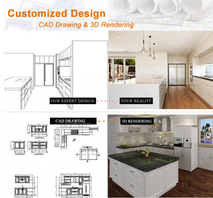 Luxury Customized Particle Board Kitchen Cabinets Lacquer Calacatta Quartz Countertops